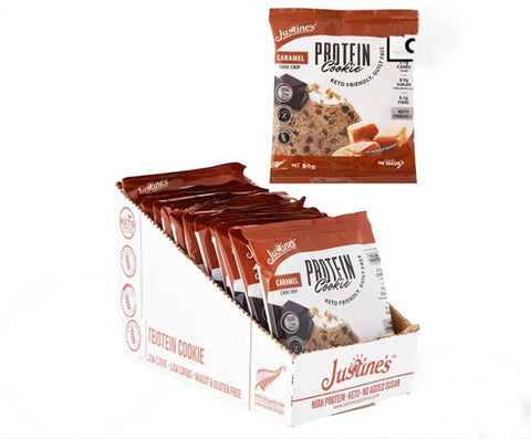 BOX -Justines Protein Cookie Caramel Dark Choc Chip 12x60 G